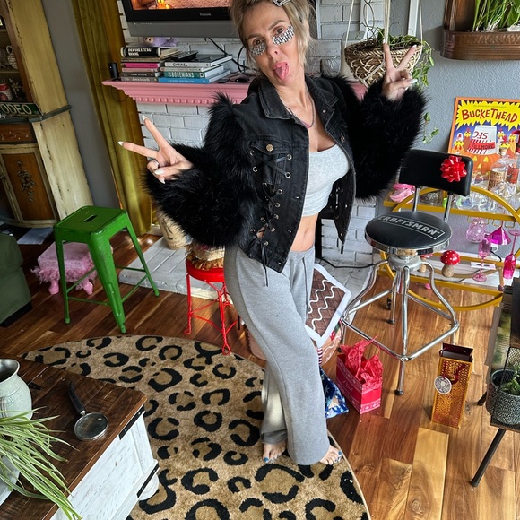 Black Denim Jacket with lace up Faux Fur Sleeves M - Picture 7 of 12